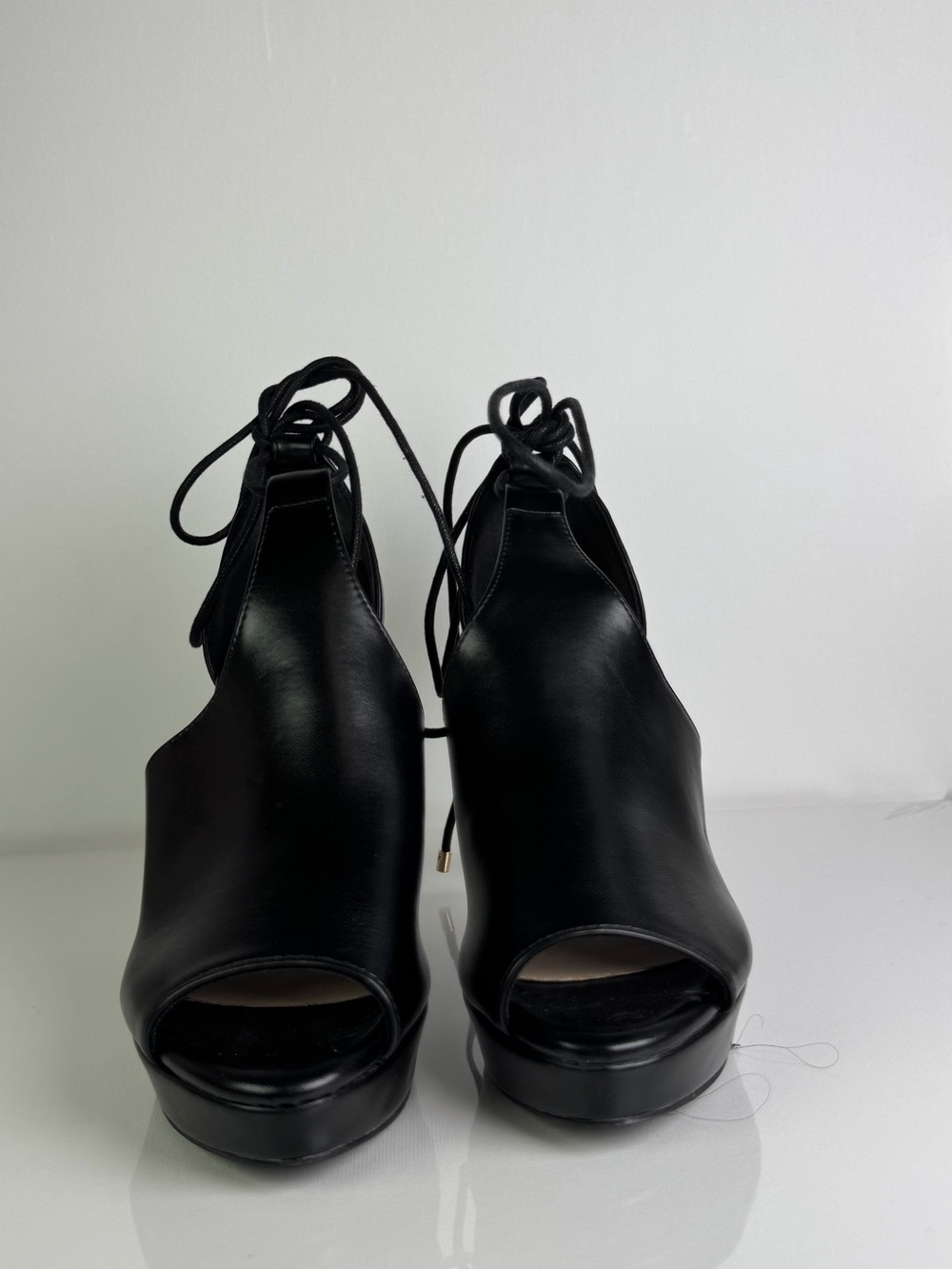 🔥👠Black Leather Peep-Toe Lace-Up Platform Heels